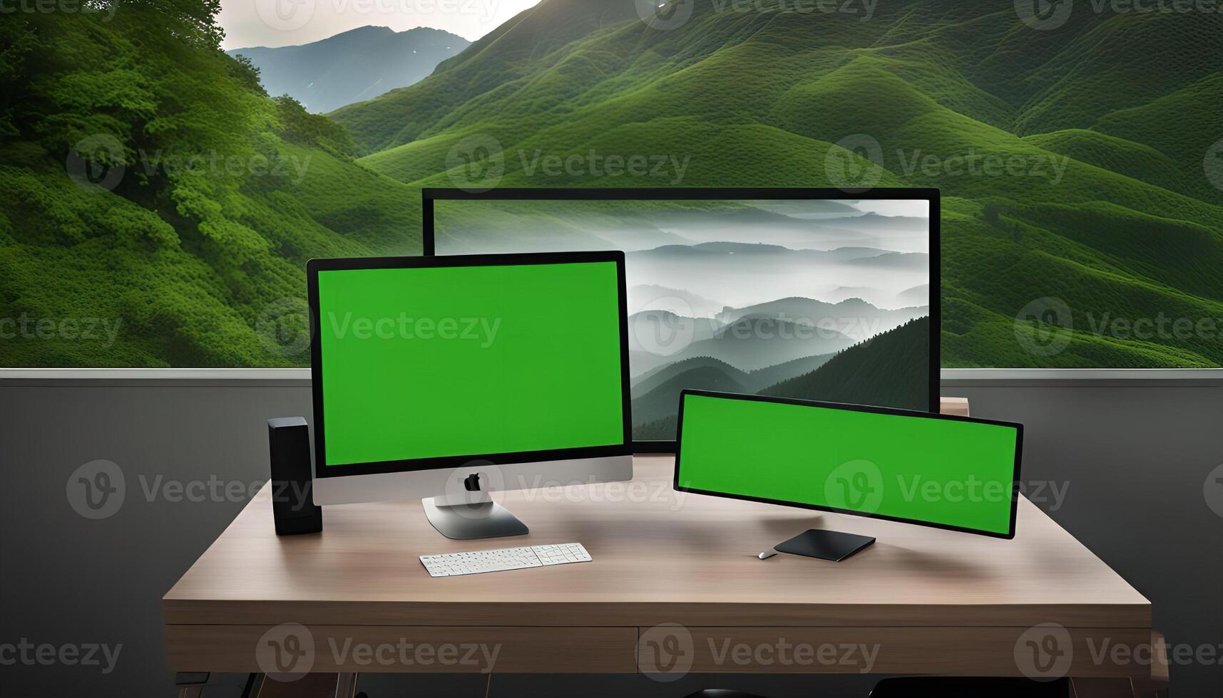 Green Screen Monitors on Desk with View of Mountains photo