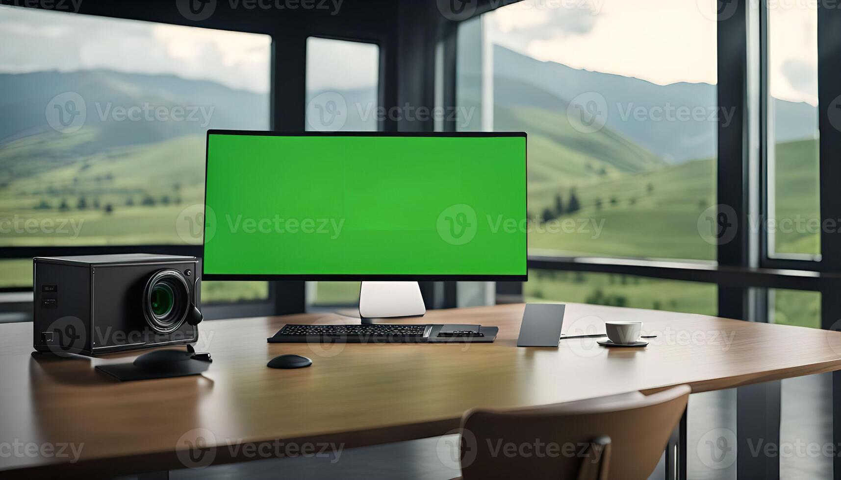 Modern Office Workspace with Green Screen and Mountain View photo