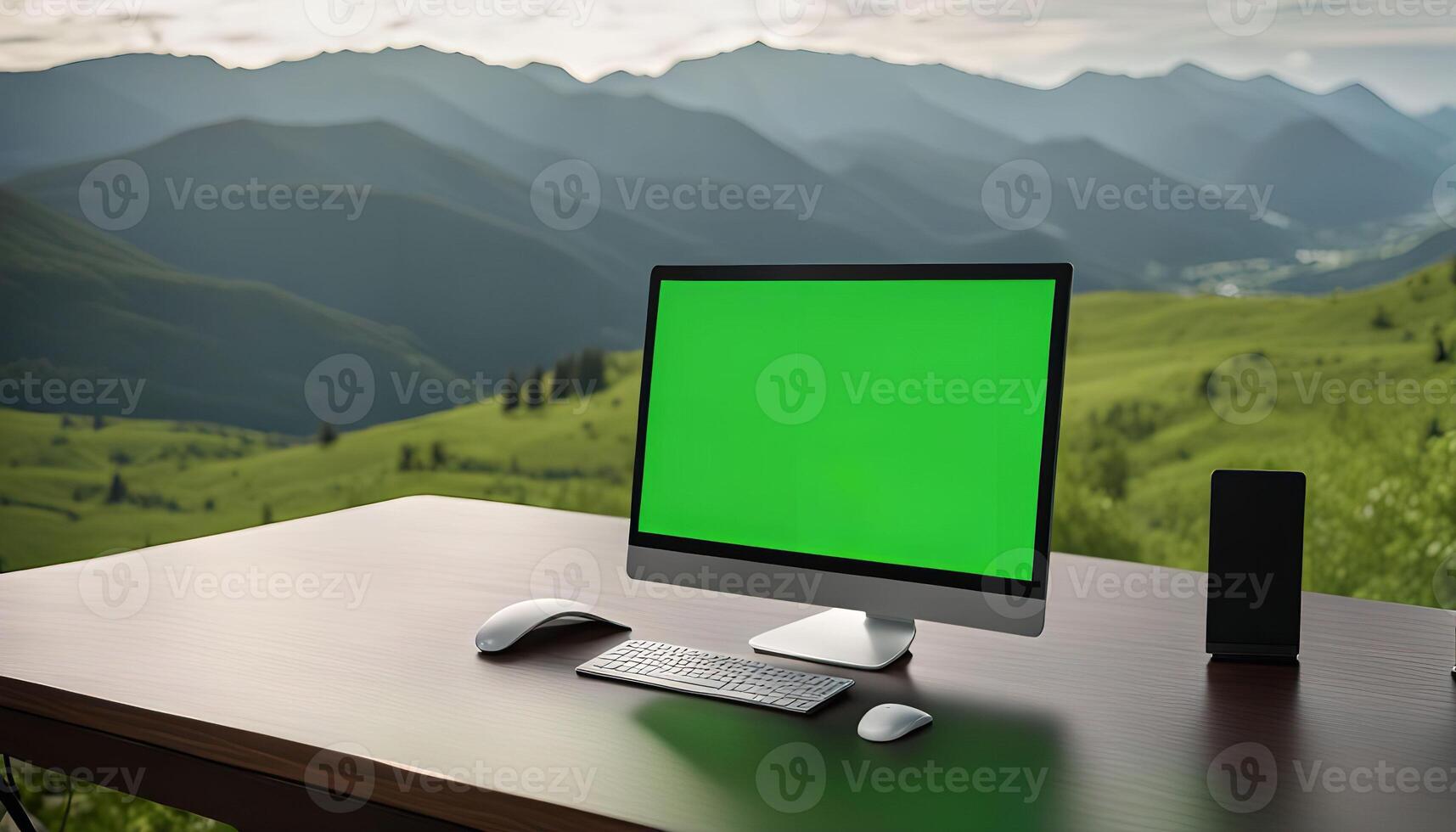 Desktop Computer with Green Screen Facing Stunning Mountain View photo
