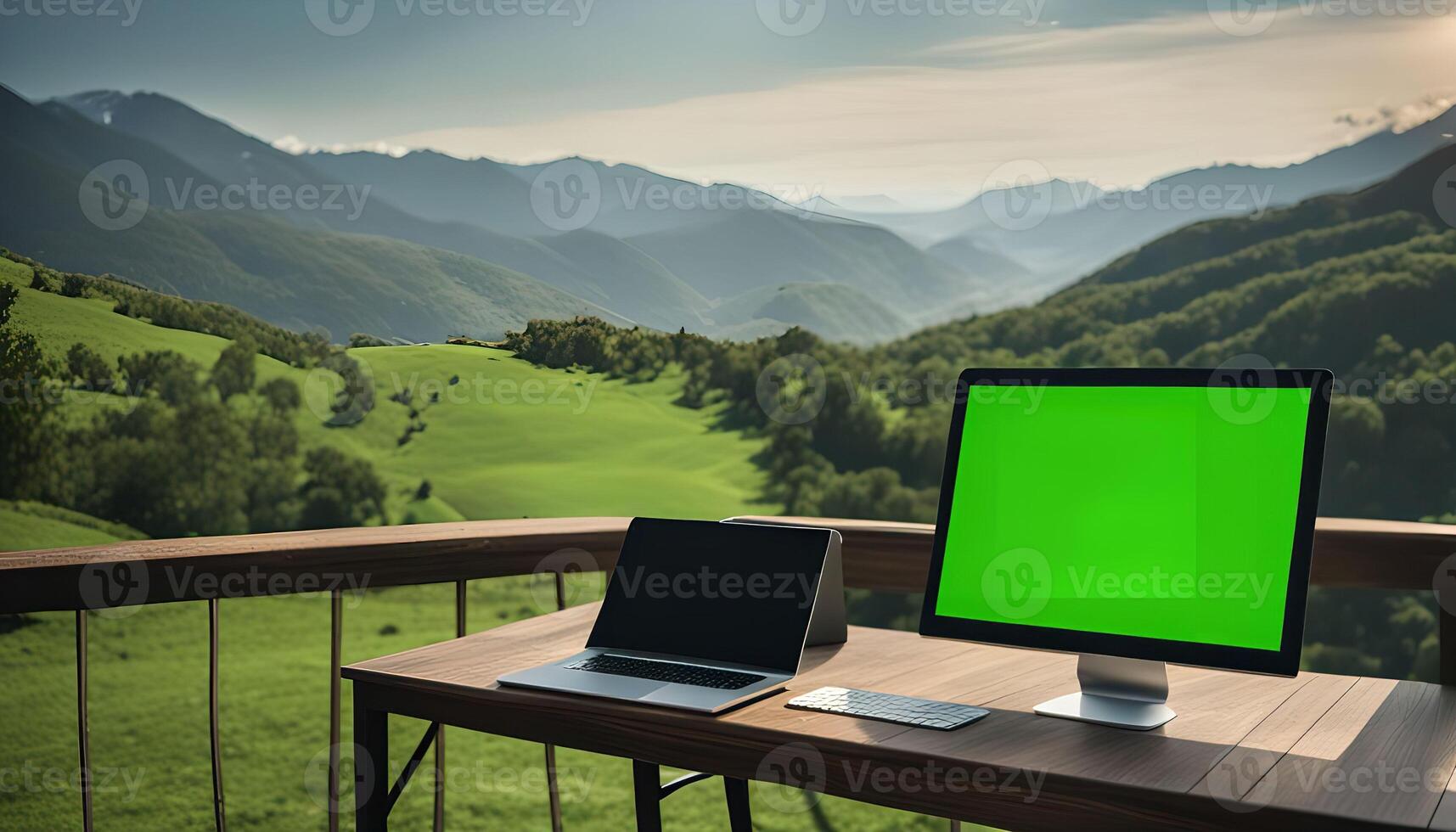 Laptop and Desktop Computer on a Deck with Mountain View photo