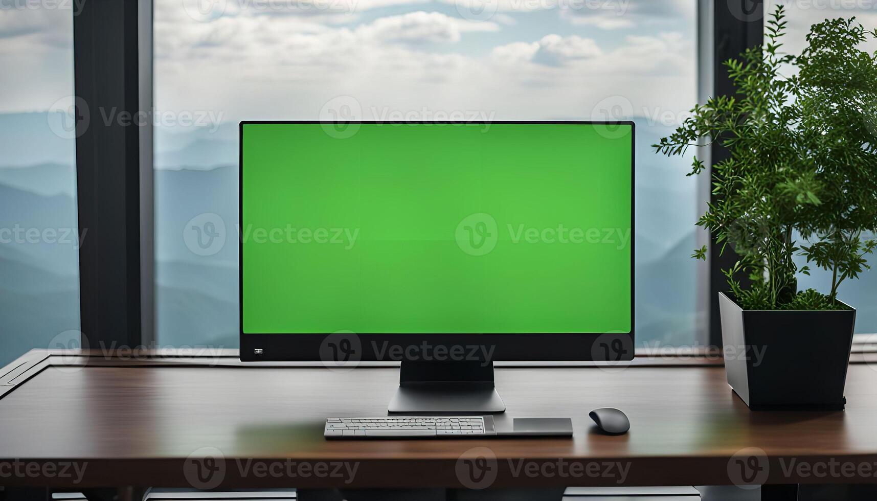 Computer with Green Screen on Desk with Mountain View photo