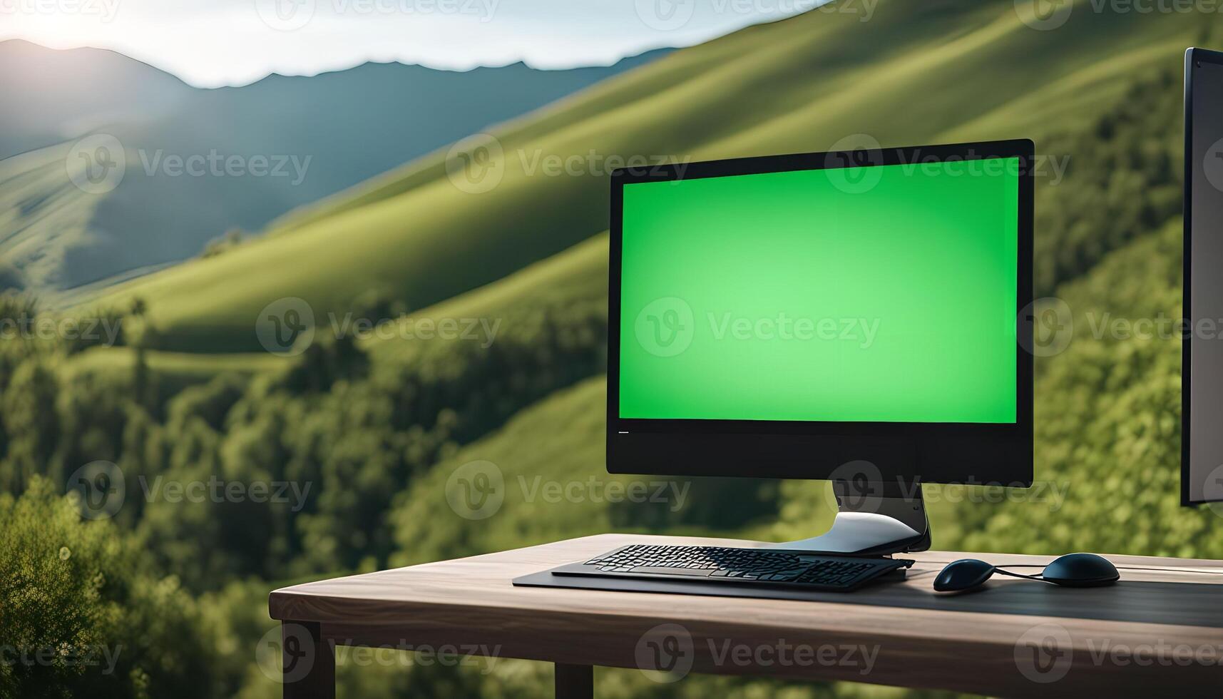 Computer with Green Screen in Front of Lush Mountain Landscape photo