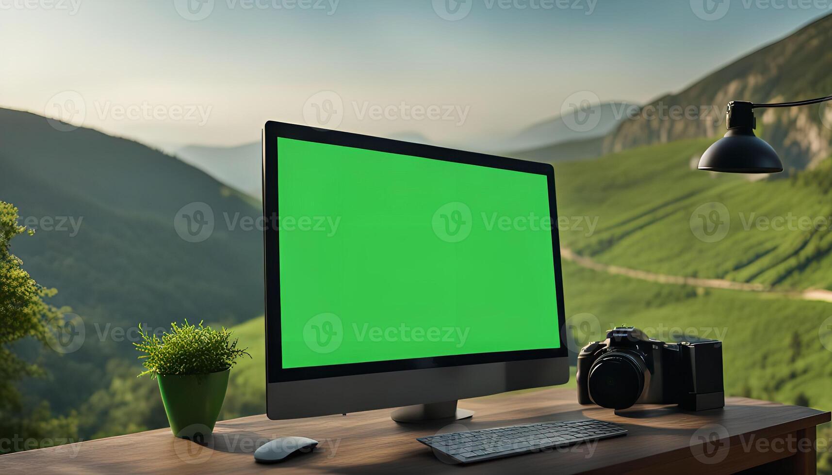 Computer and Camera with Mountain View photo