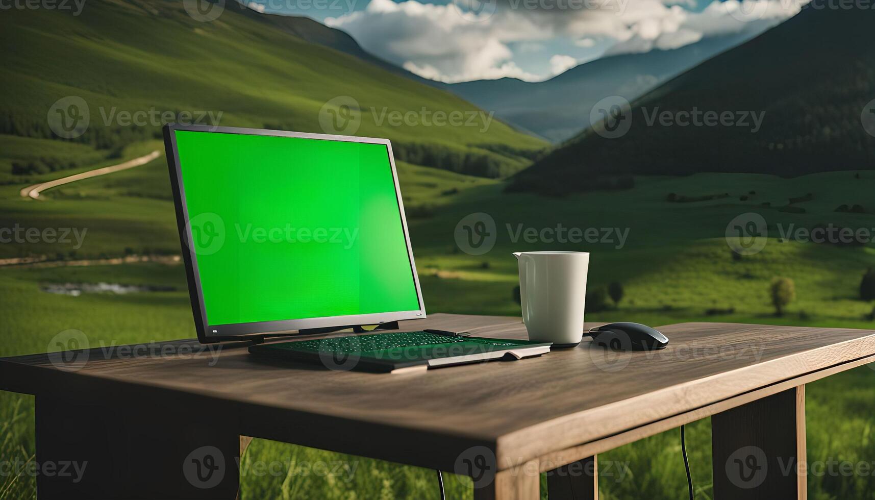 Laptop on a Table with a Mountain View photo