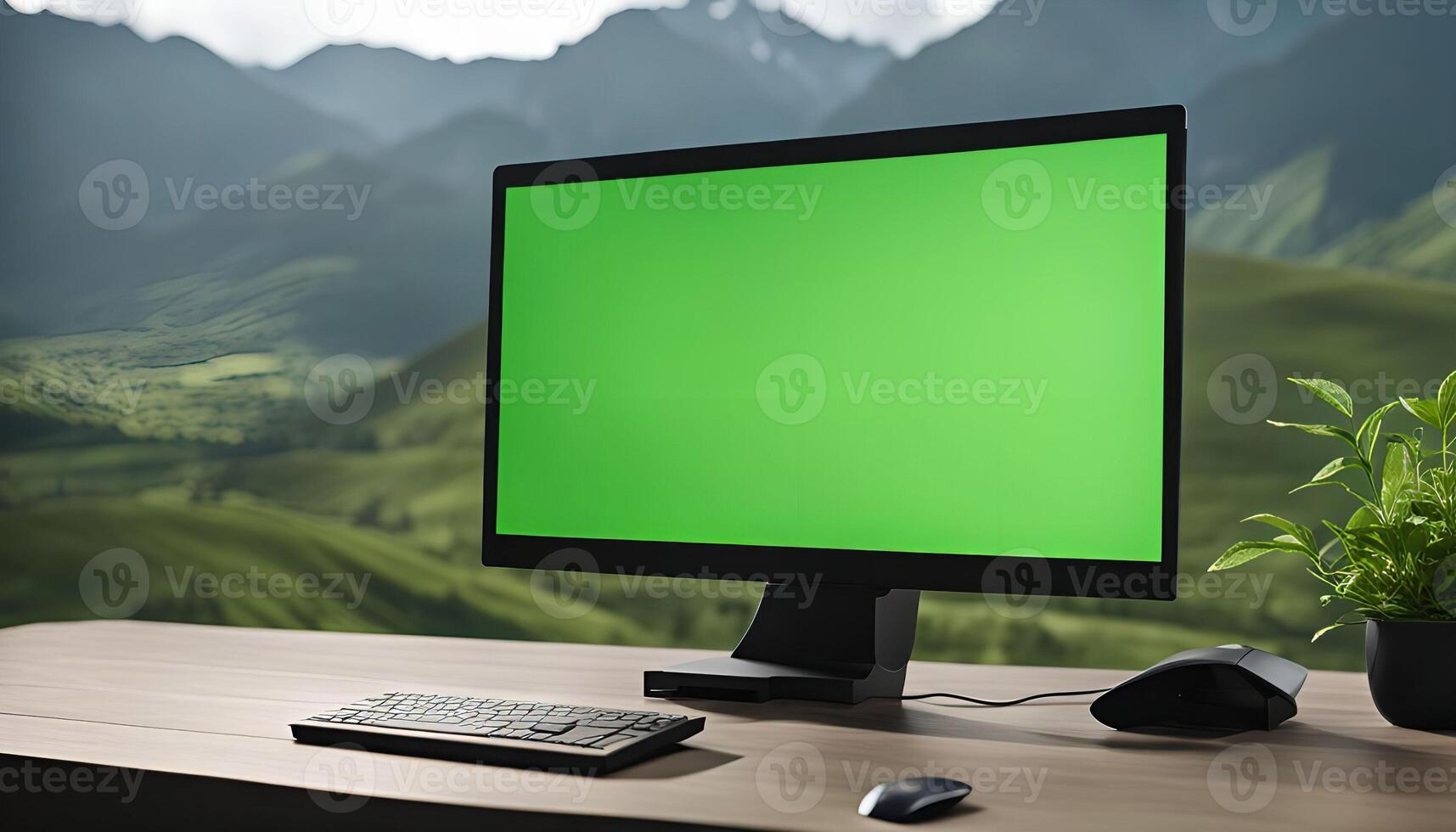 Computer Screen with Green Screen in a Mountain Landscape photo