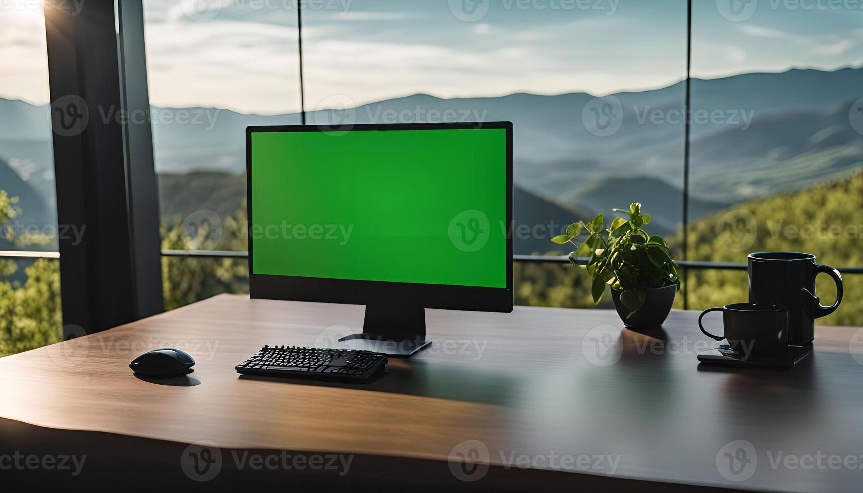 Computer Screen with Mountains in the Background photo