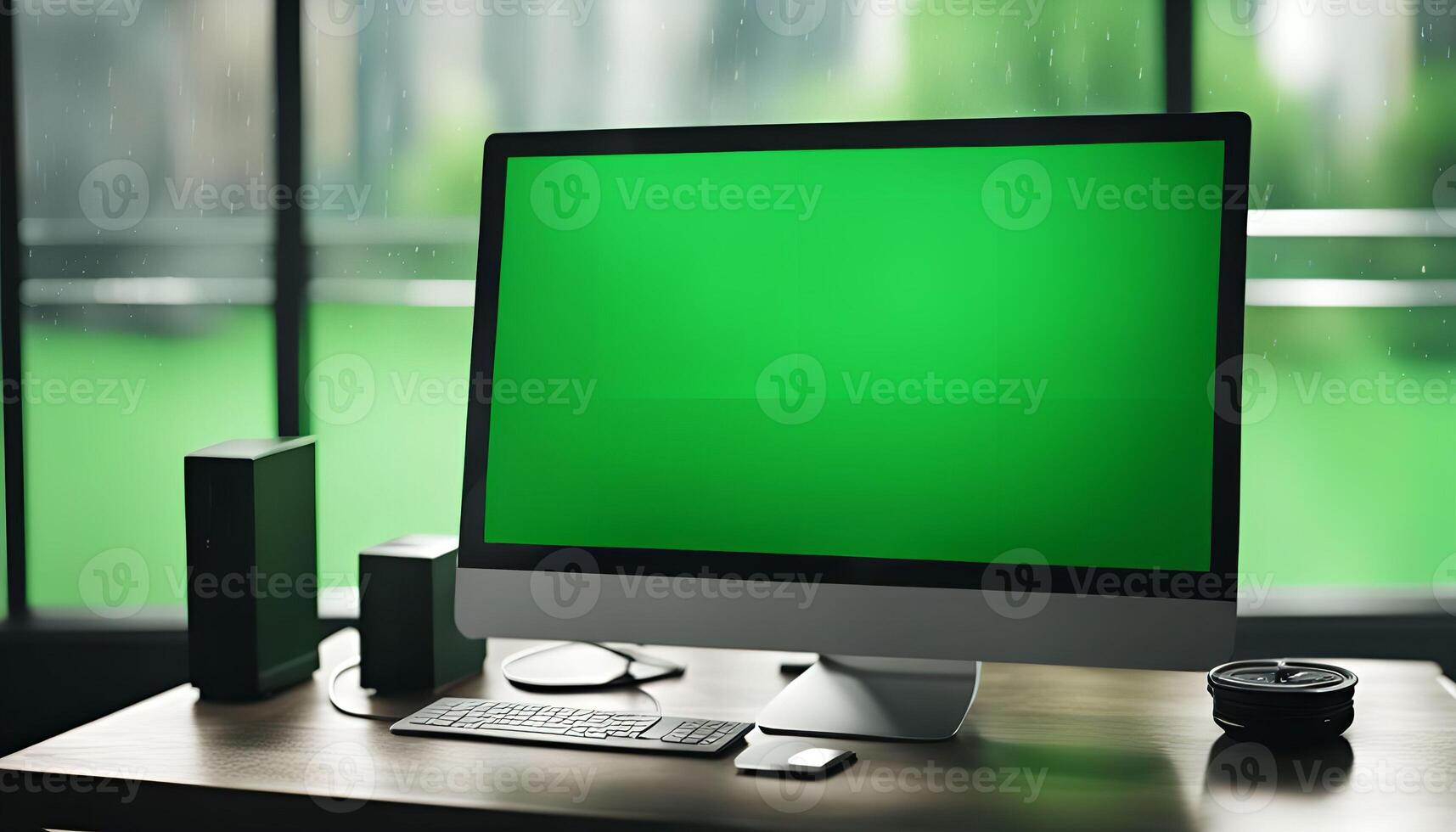 Modern Desk Setup with Green Screen Monitor photo