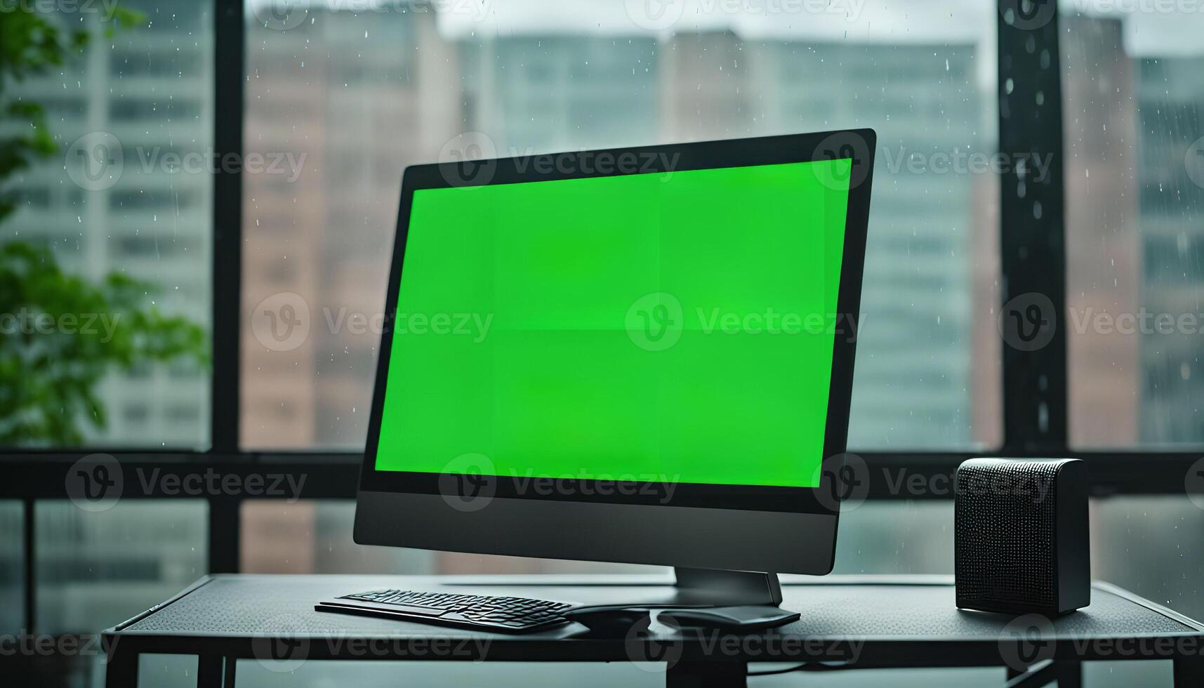 Computer with Green Screen on Desk During Rain photo