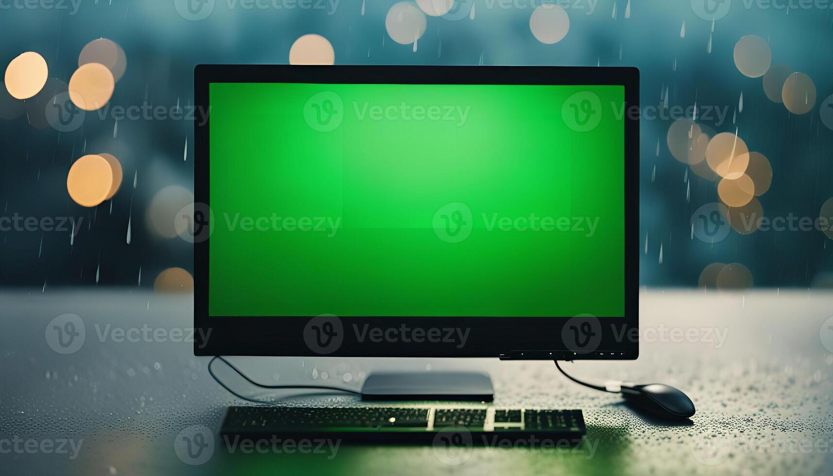 Desktop Computer with Green Screen in a Rainy Atmosphere photo