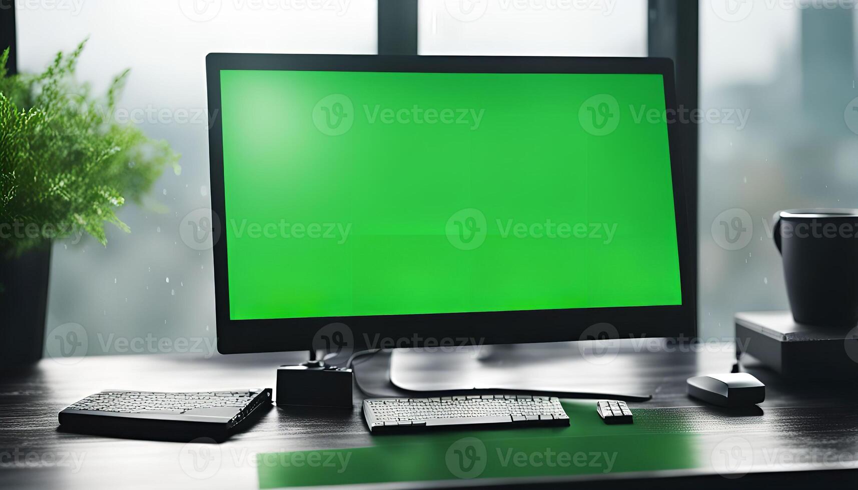 Green Screen Computer Setup on a Desk photo