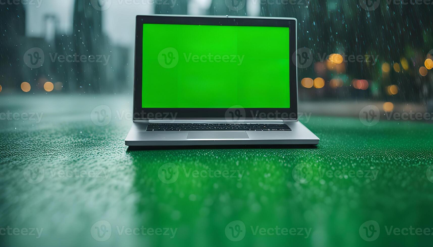 Laptop in the Rain with Green Screen photo