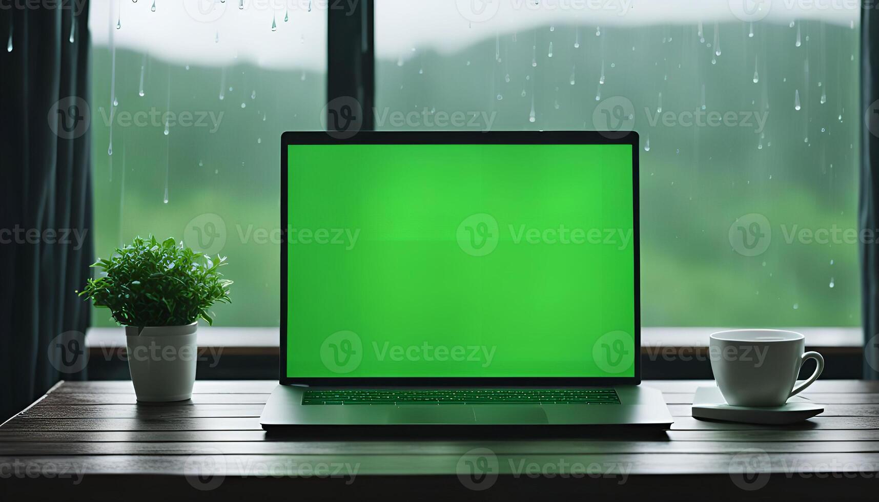 Laptop on a Table with Green Screen in Rainy Day photo