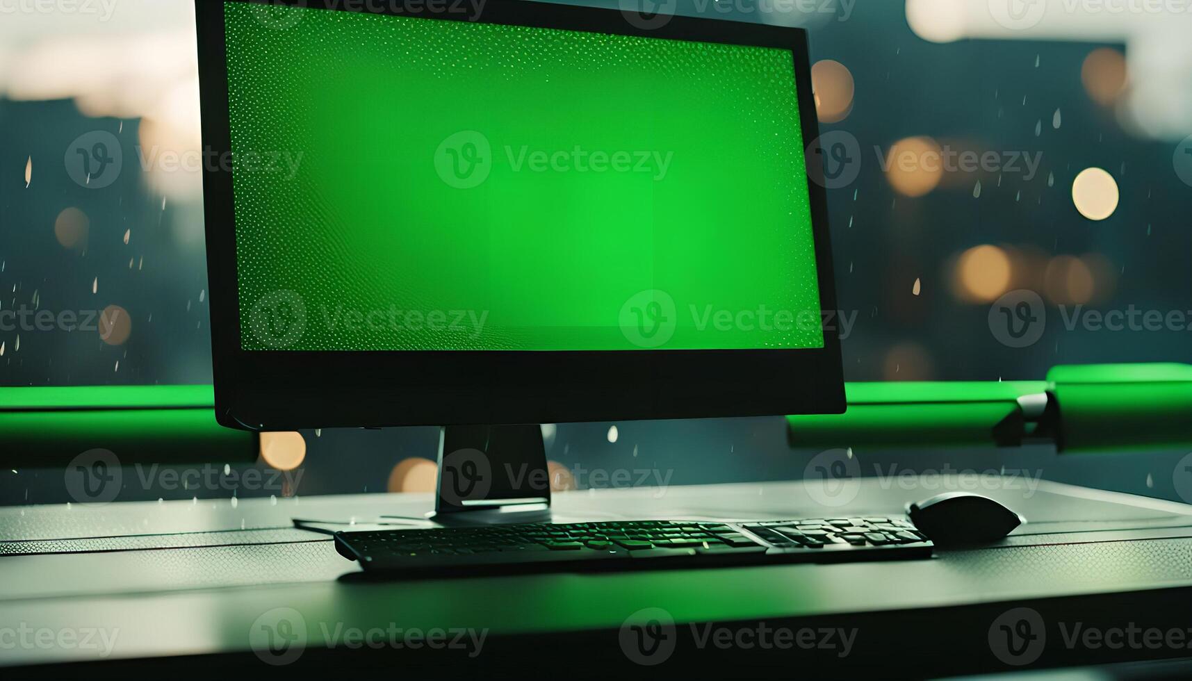 Computer with Green Screen on Desk in Rain photo