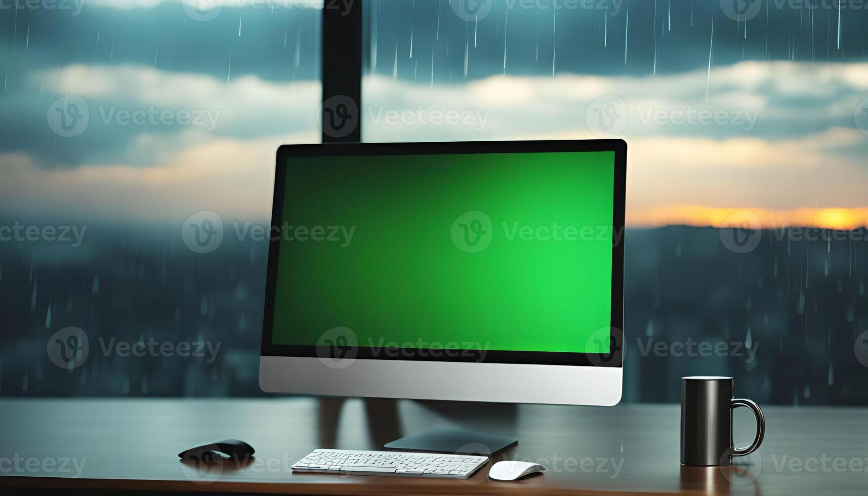 Computer on a Desk by a Rainy Window photo