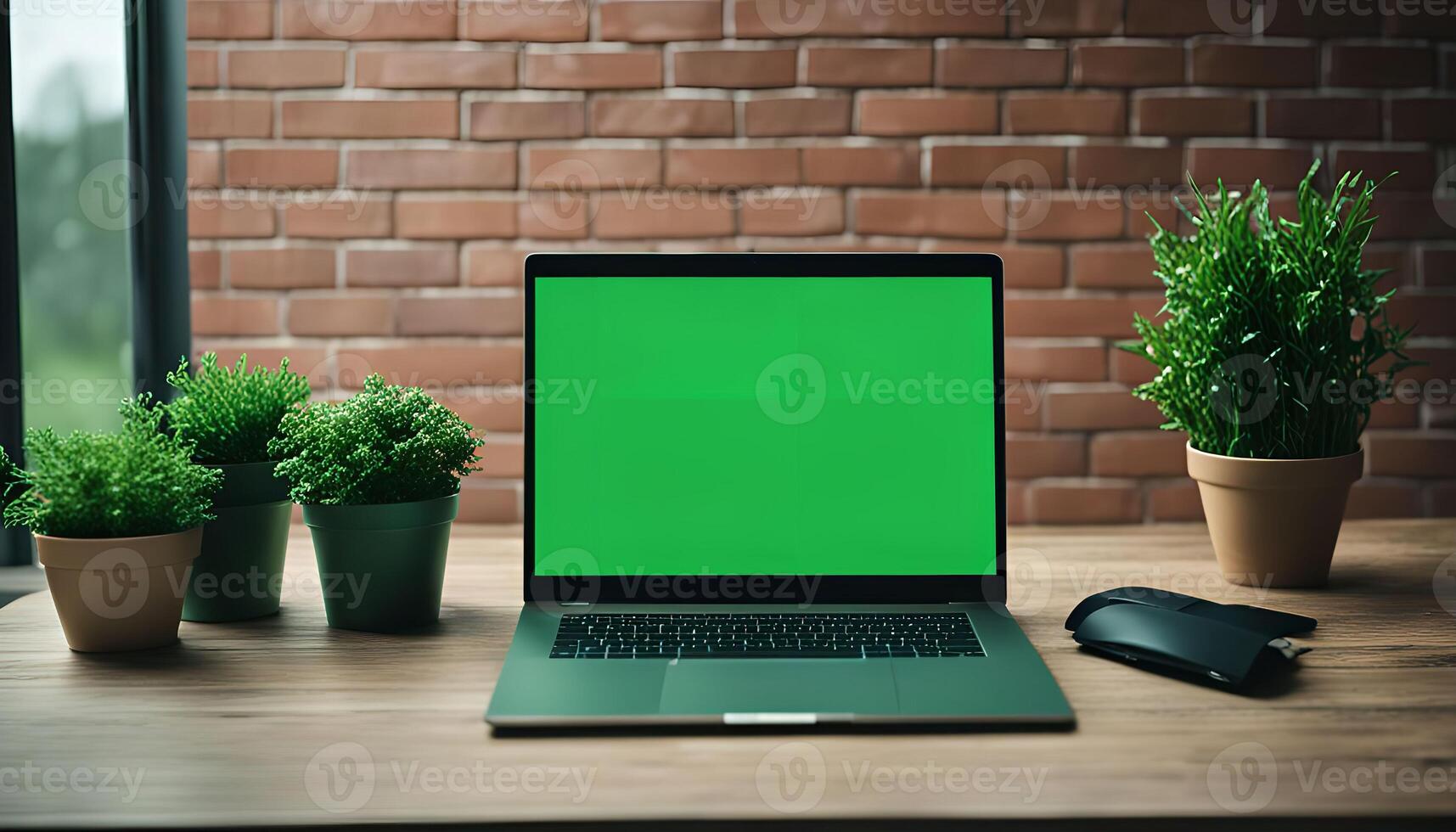 Laptop with Green Screen on Wooden Desk photo