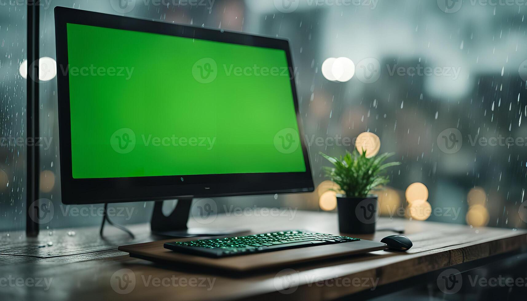 Rainy Day Workspace with Green Screen photo