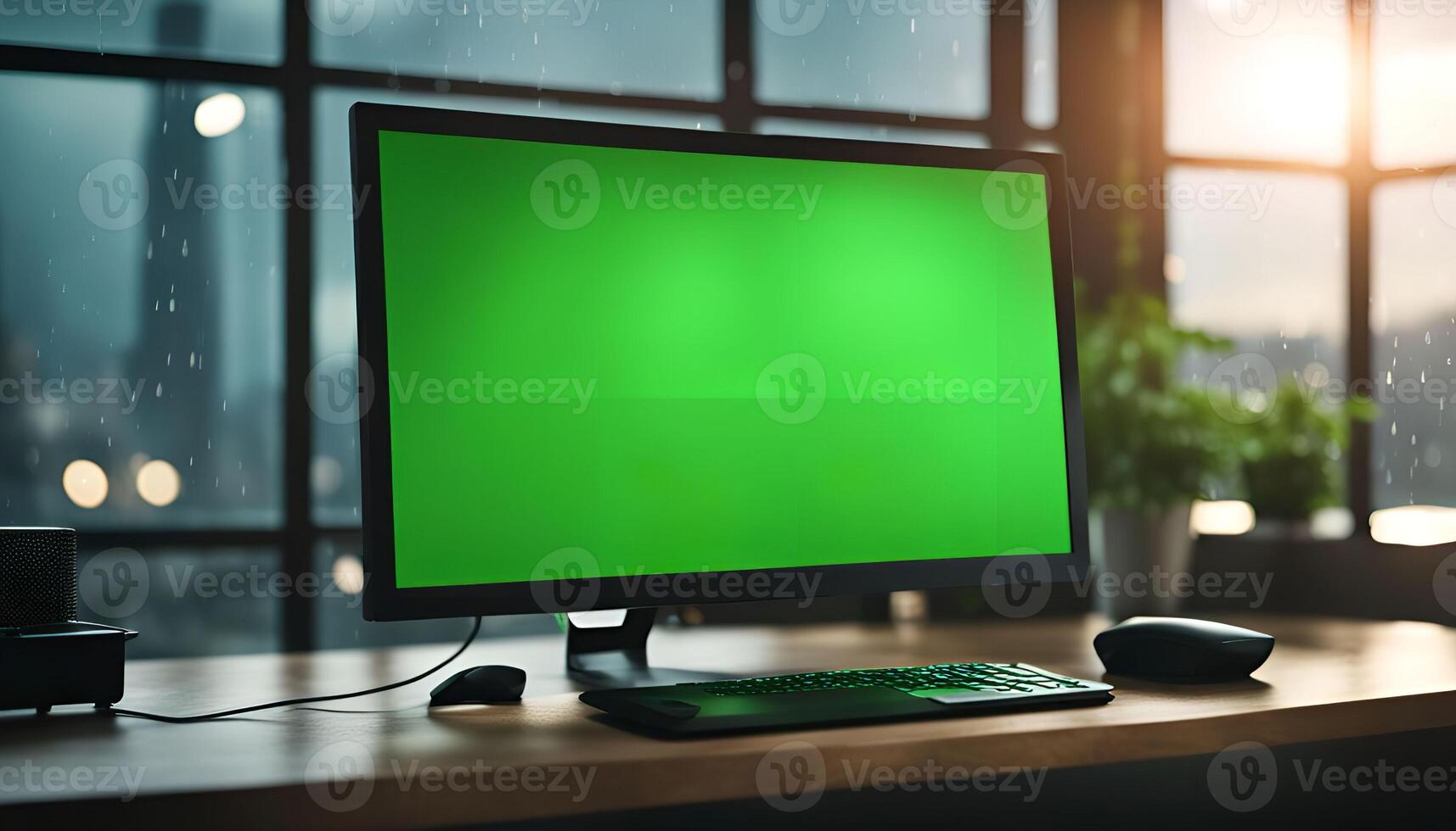 Computer monitor with green screen on desk photo