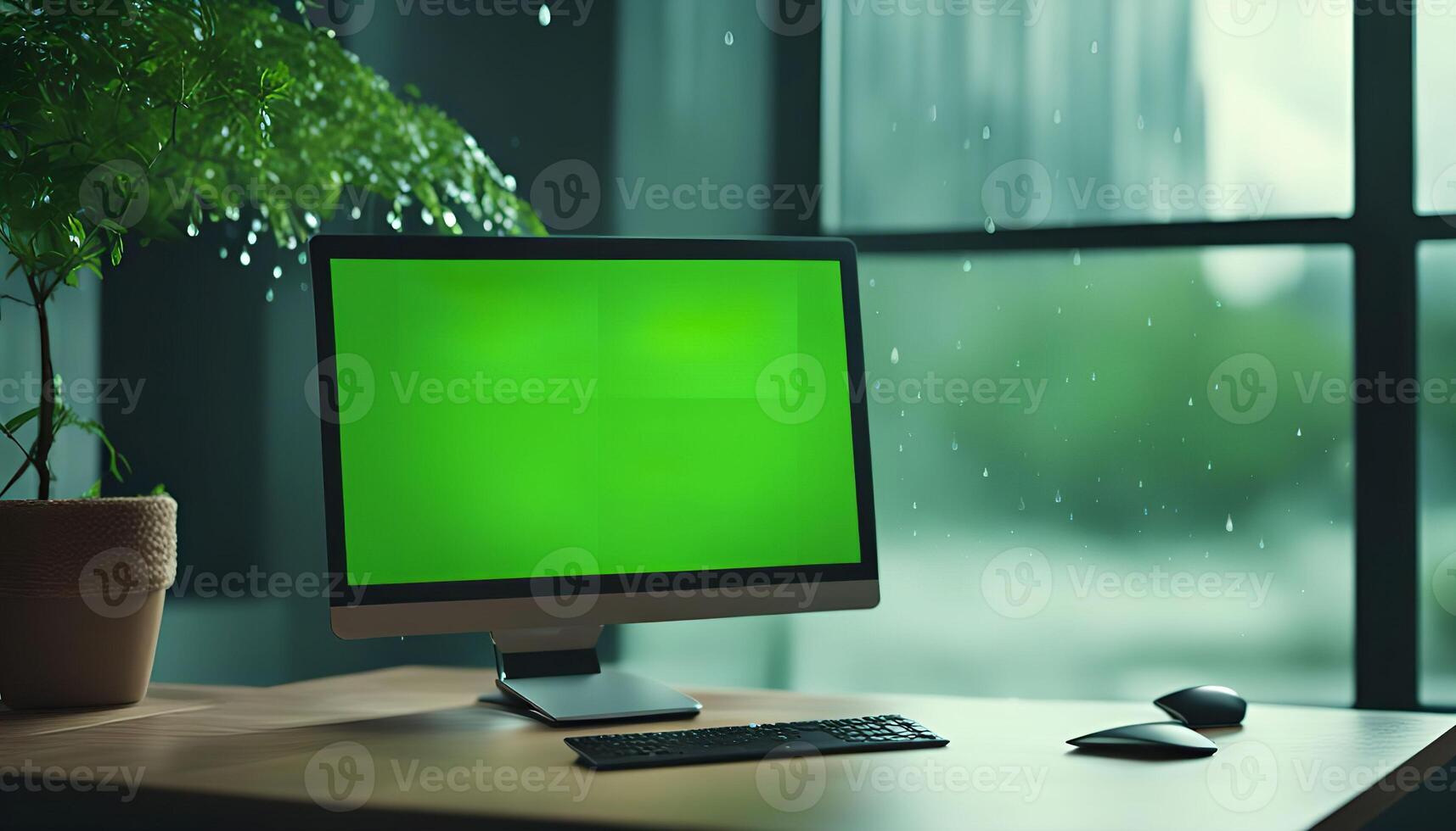 Computer on a desk with a green screen in a rainy day photo