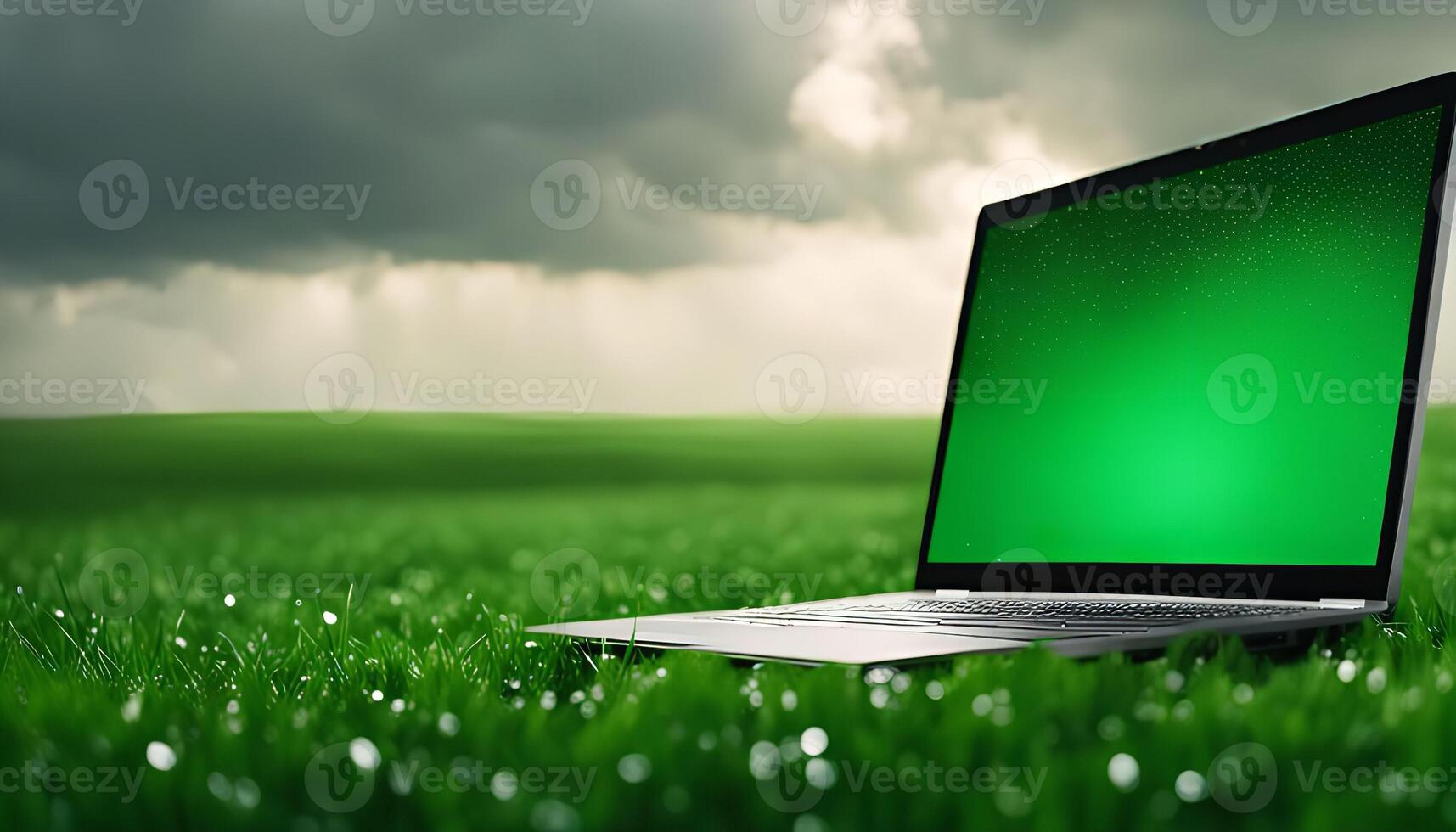 Laptop on Green Grass with Cloudy Sky photo