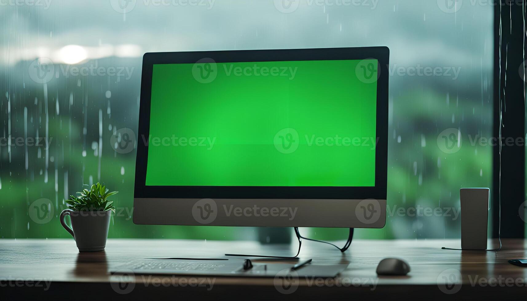 Desktop Computer with Green Screen in Rainy Day photo