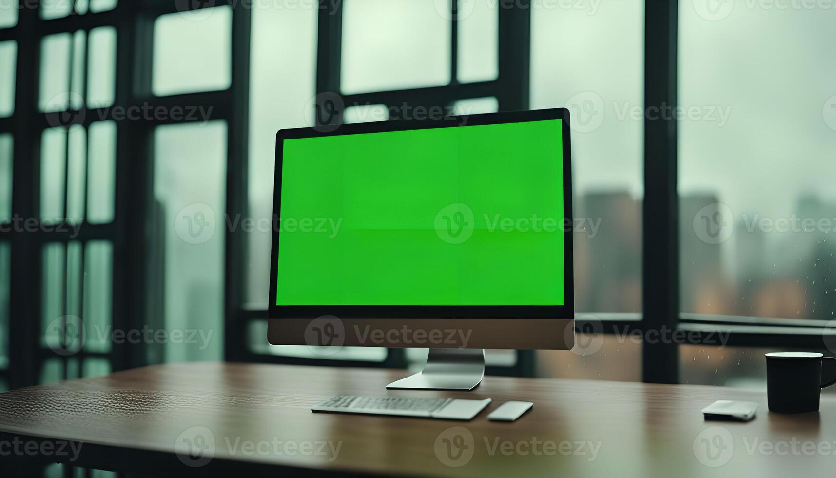 Computer with Green Screen on Desk in Office Setting photo