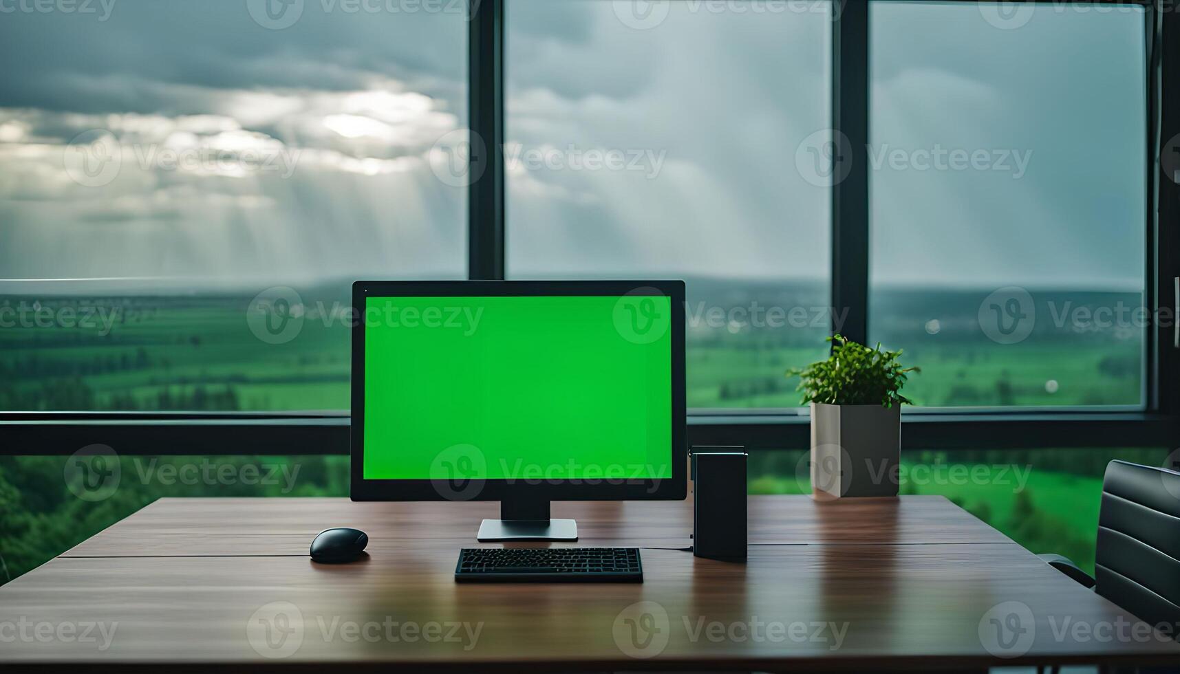 Green Screen Computer on Office Desk with Window View photo
