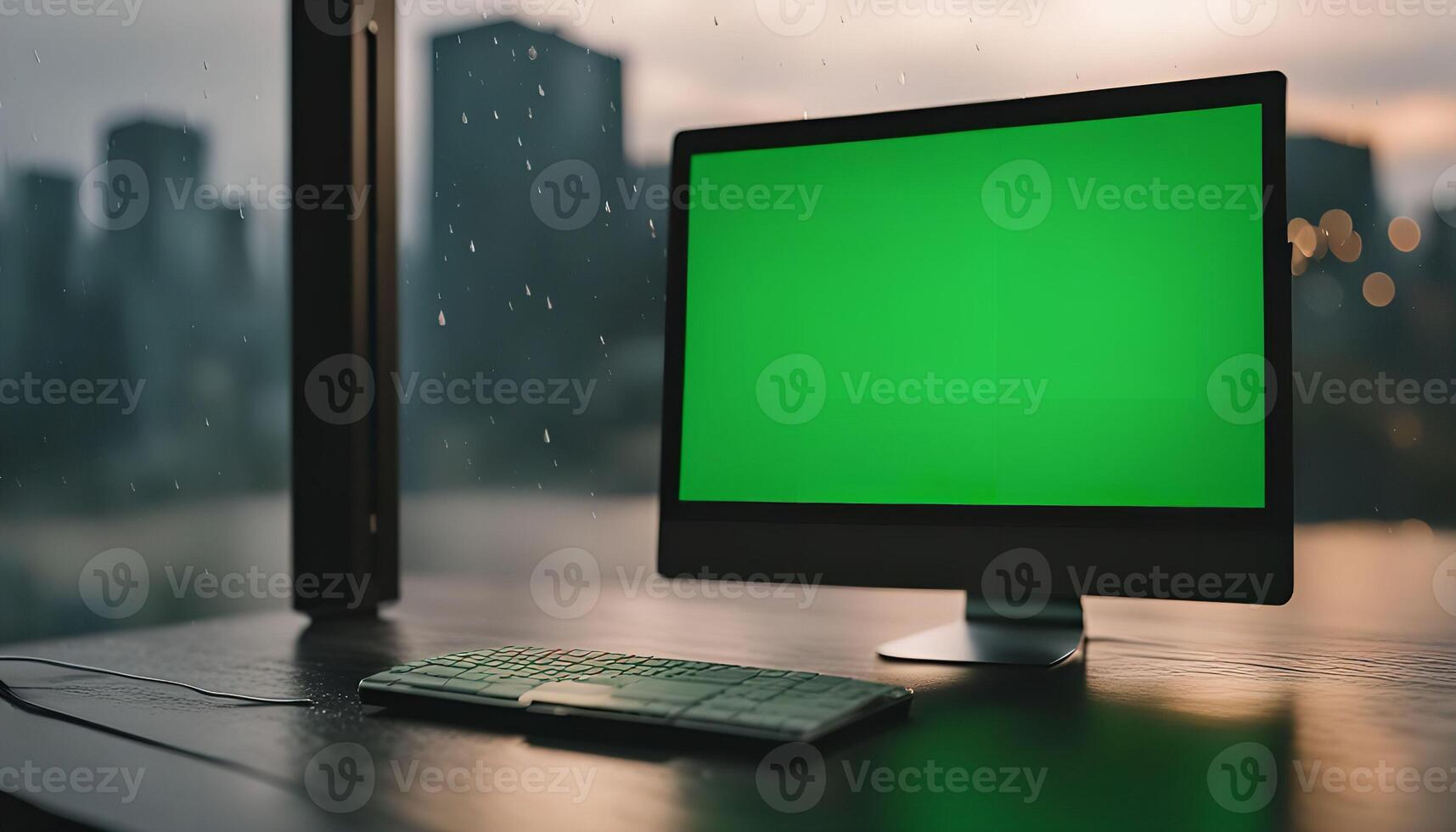 Desktop Computer with Green Screen in a City Office Setting photo