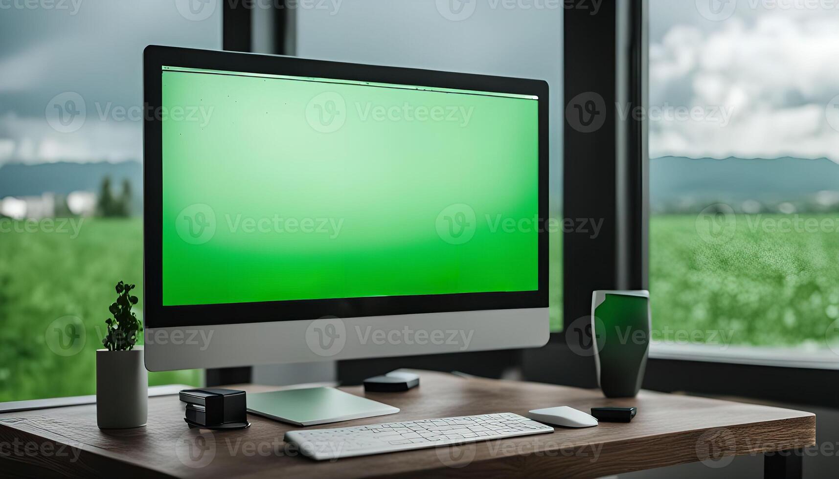 Desktop Computer with Green Screen, View of Green Landscape photo