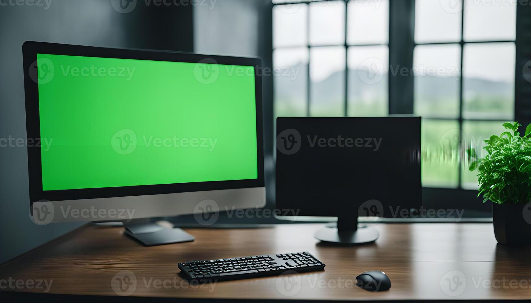 Computer Setup with Green Screen Monitor photo