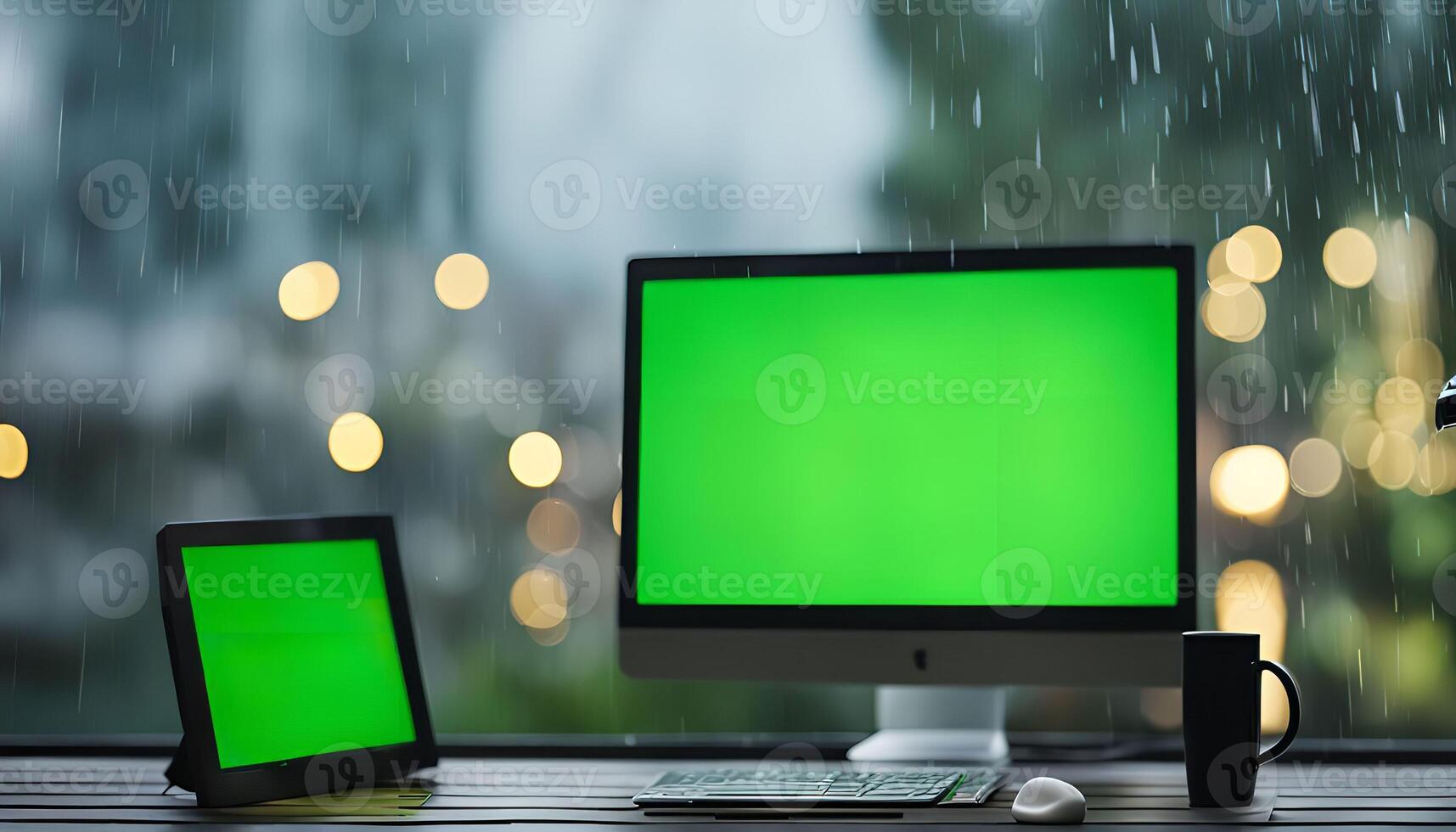 Desktop Computer with Green Screen in Rainy Day photo