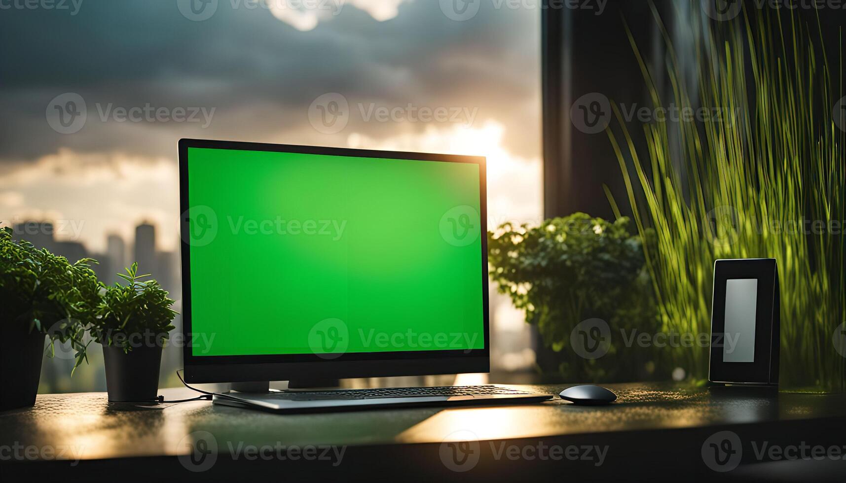Laptop with Green Screen on a Desk by Window photo