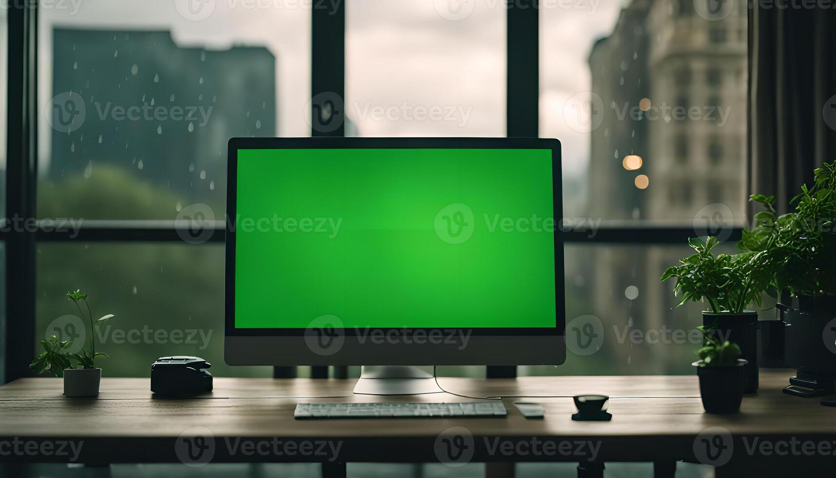 Desktop Computer with Green Screen in Office photo