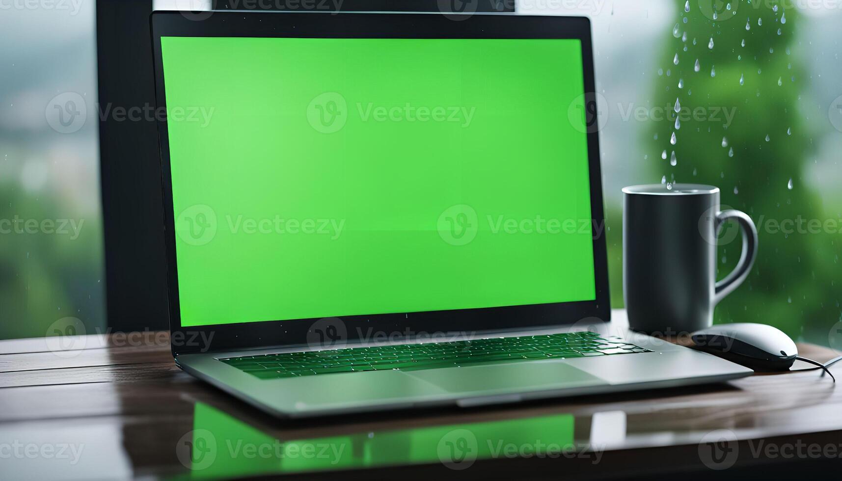 Laptop with a green screen, a mug and a mouse on a wooden table with a rainy window in the background photo