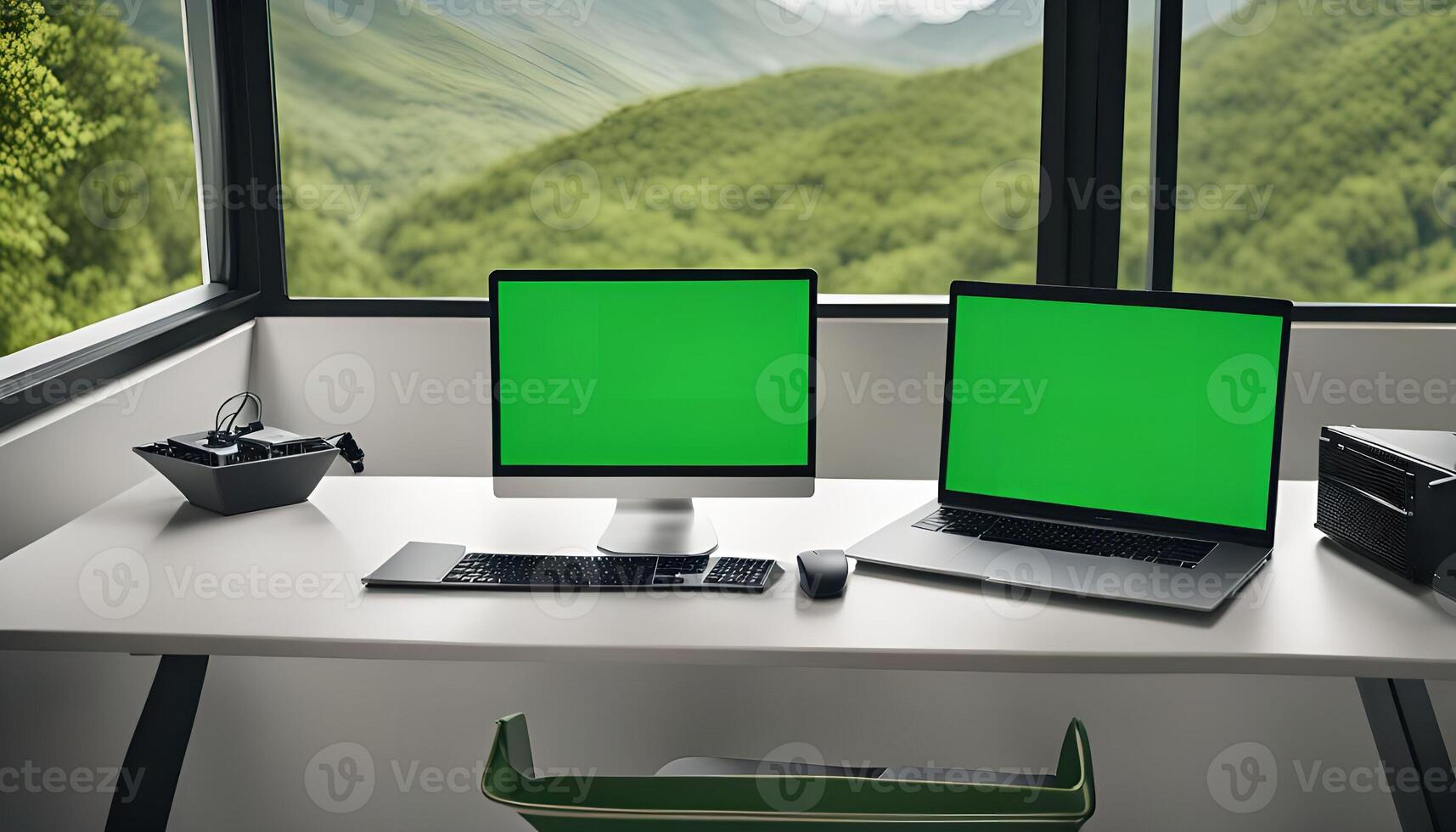 Workstation with a View Green Screen Desk Setup photo