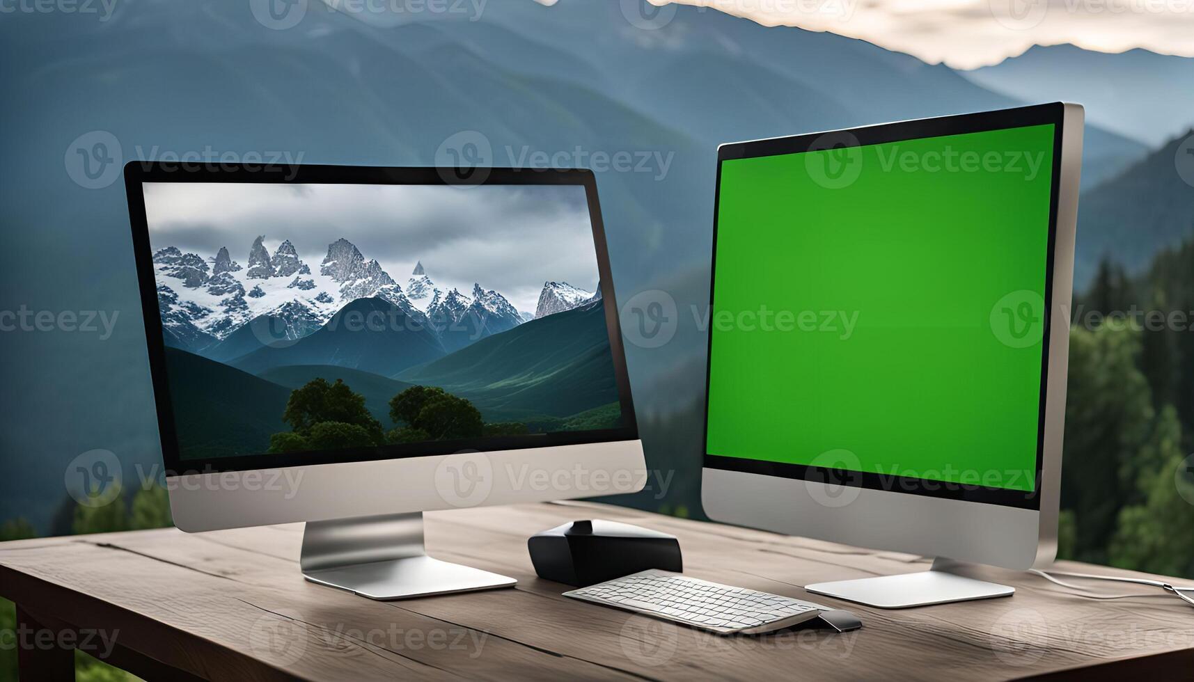 Mountain Landscape on Computer Screen with Green Screen photo