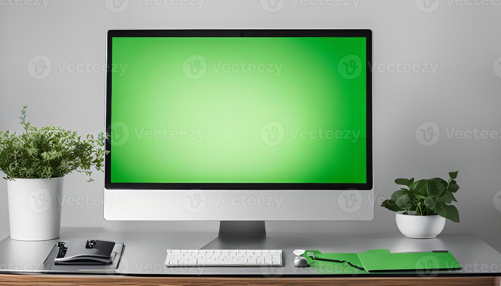 Modern Workspace with Green Screen Computer photo