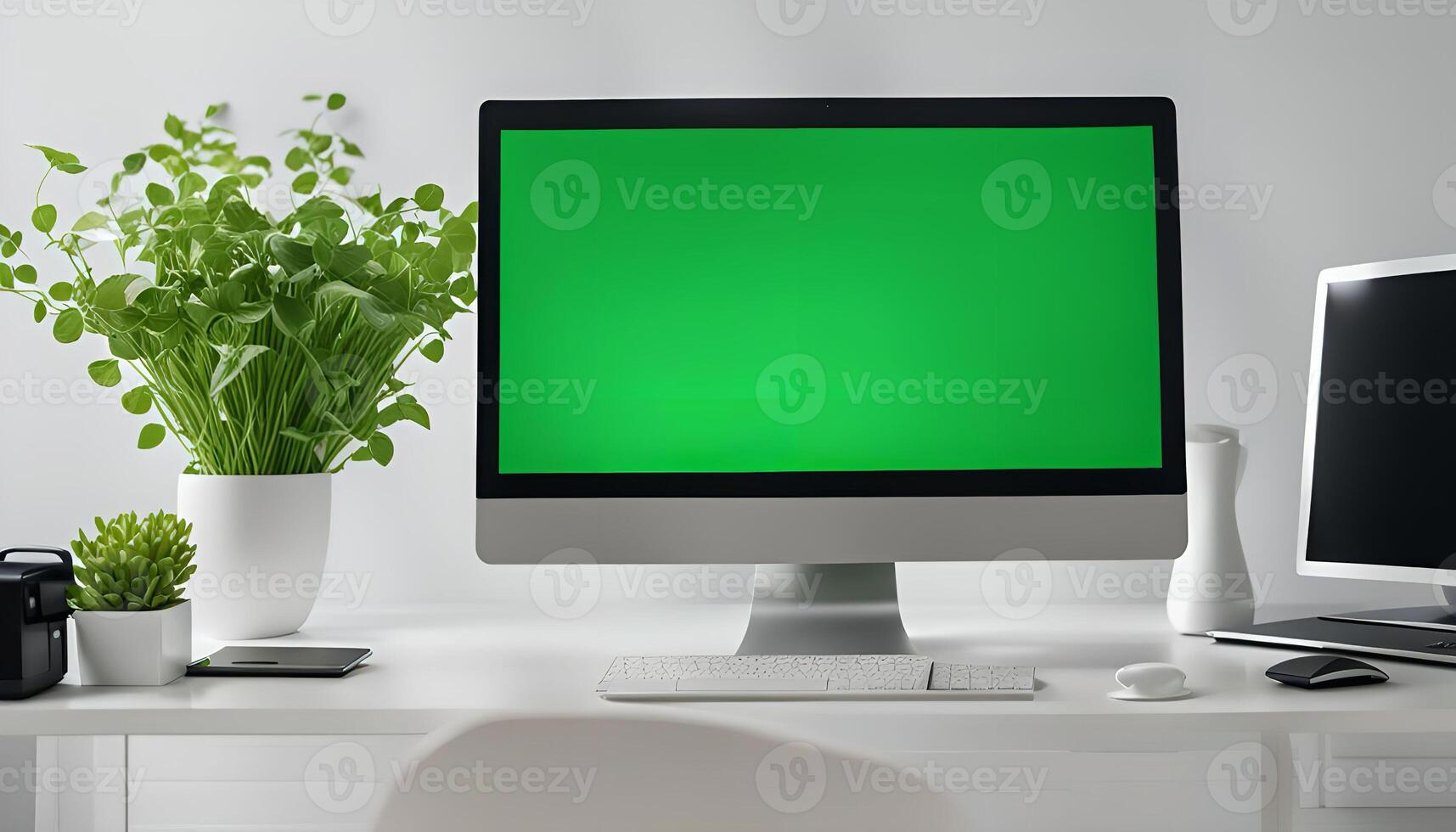 Modern Minimalist Workspace with Green Screen Desktop Computer photo