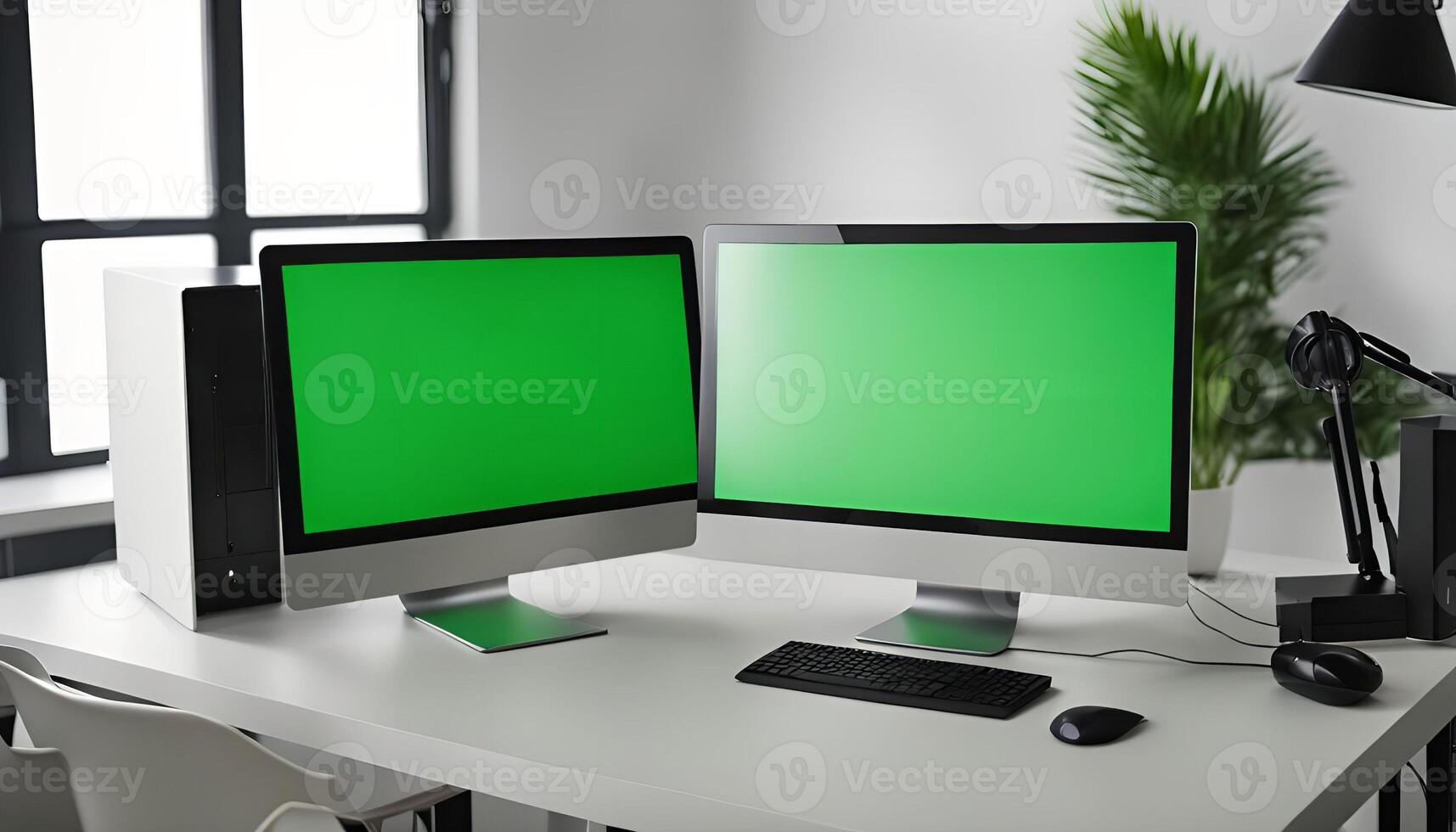 Two Green Screen Monitors on a Desk photo