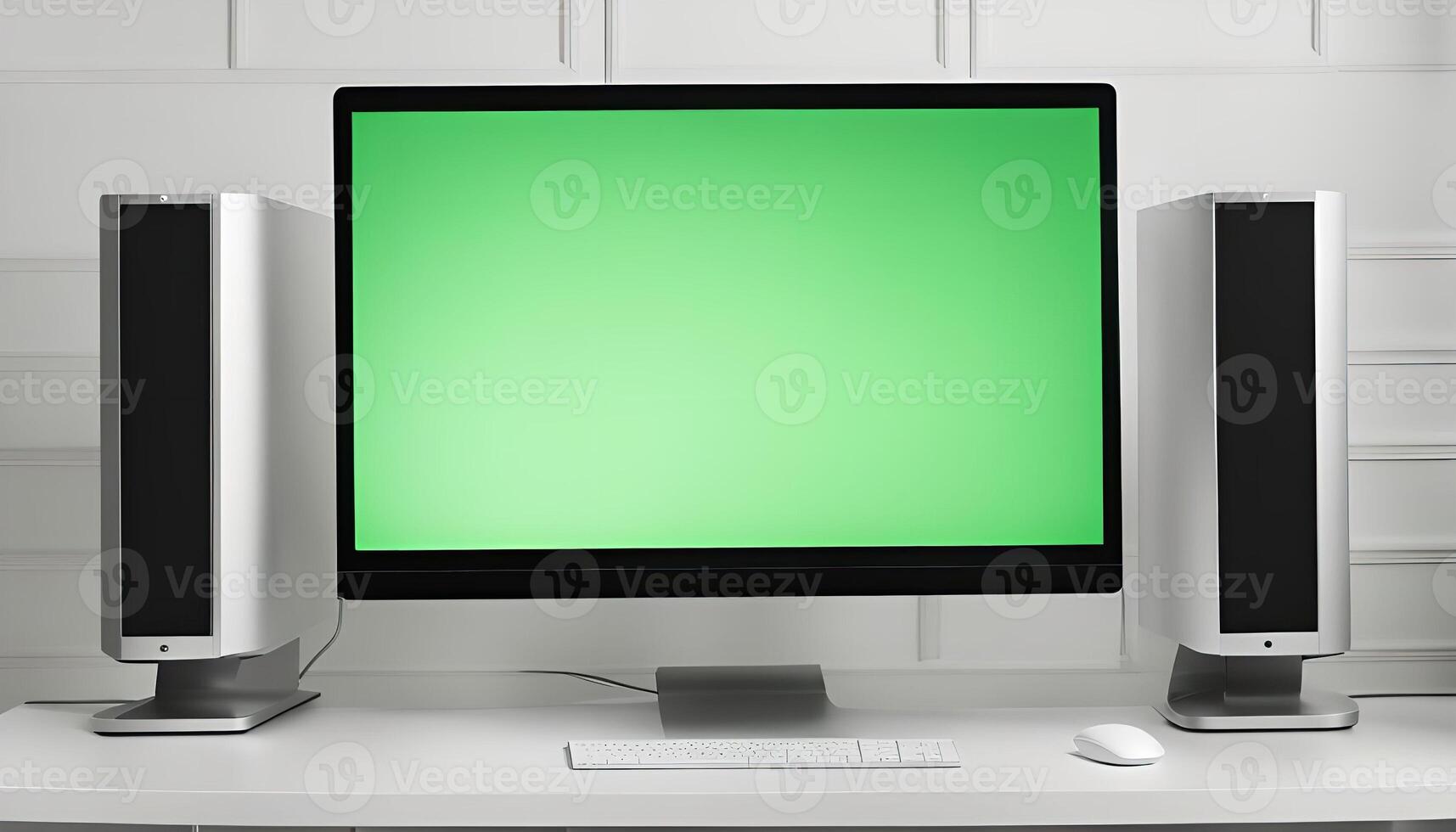 Modern Desktop Setup with Green Screen Monitor photo