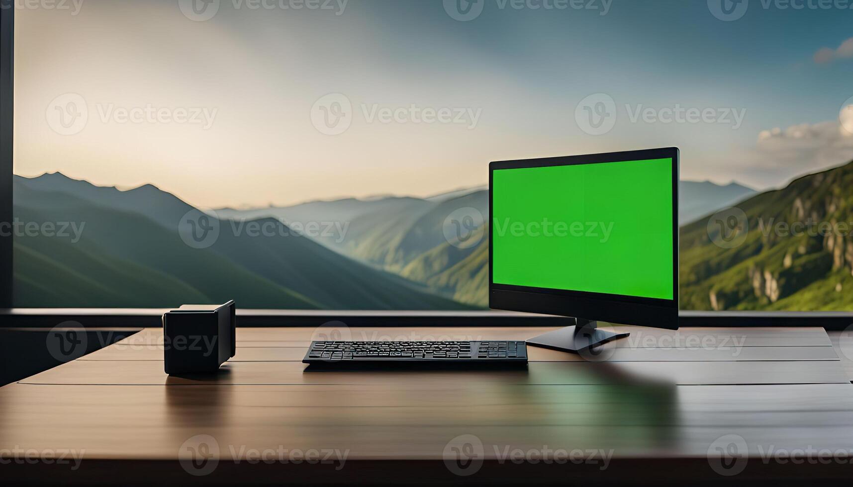 Computer Screen with Green Screen Facing Mountain View photo