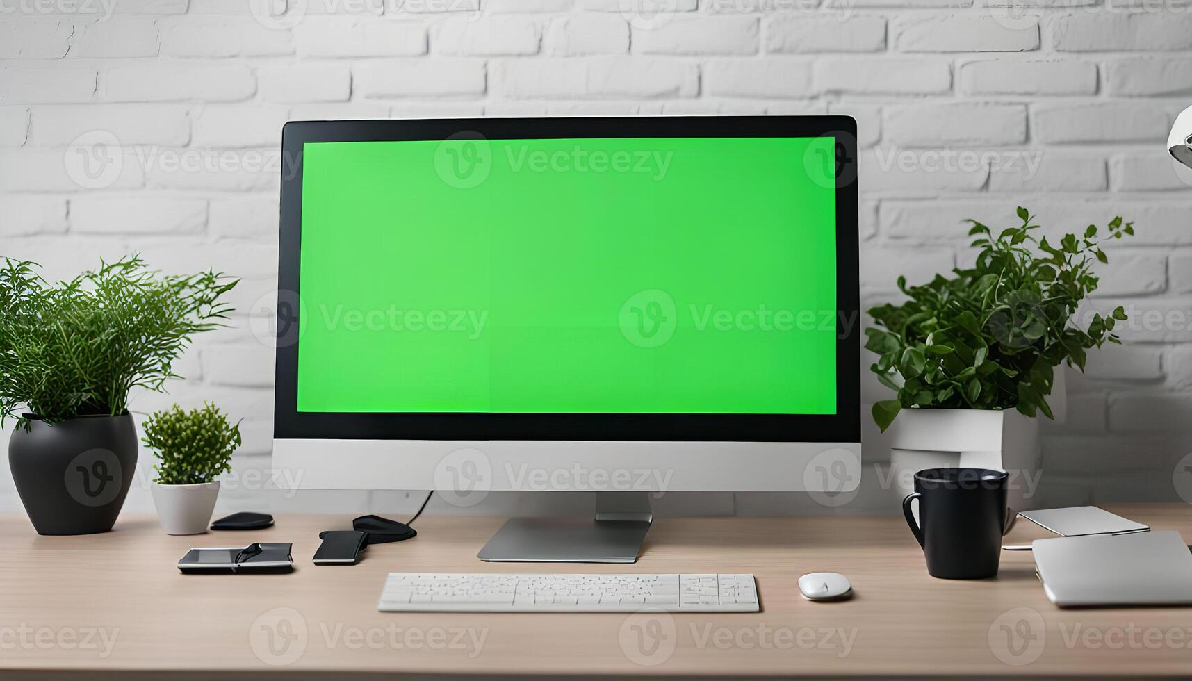 Modern Desk Setup with Green Screen Computer photo