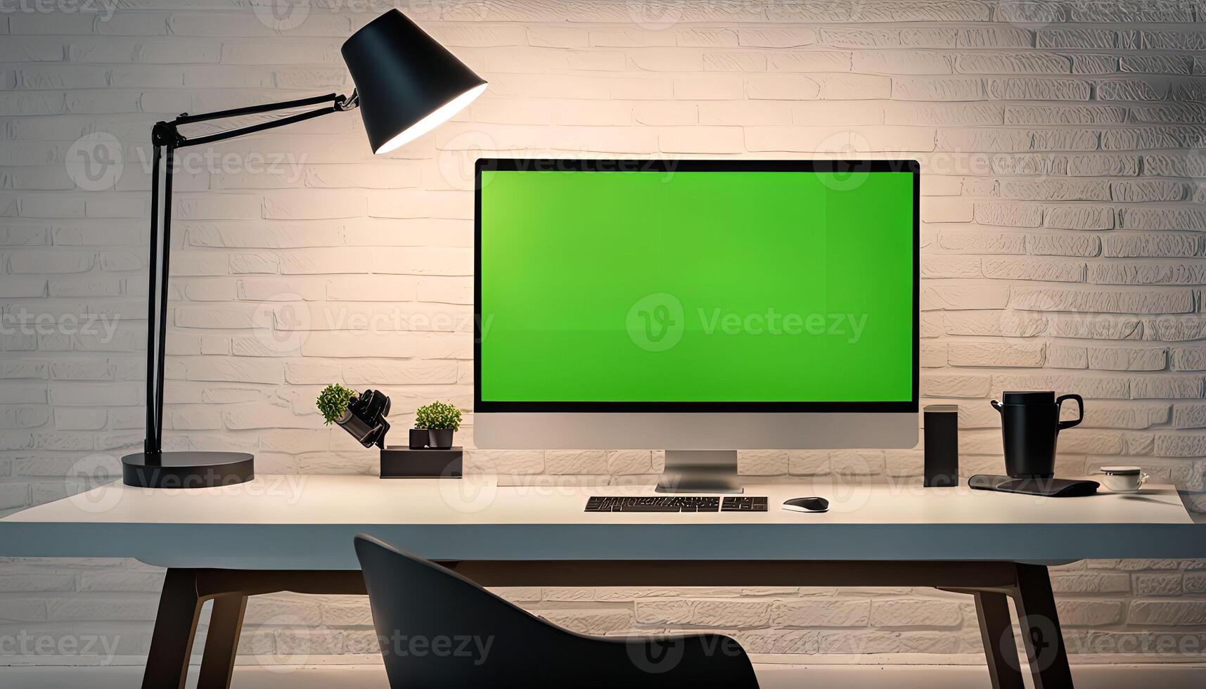 Modern Workspace with Green Screen Computer photo