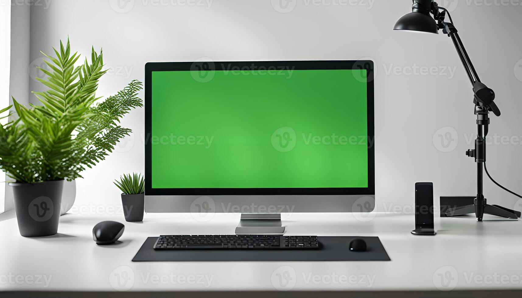 Minimalist Desk Setup with Green Screen Computer photo