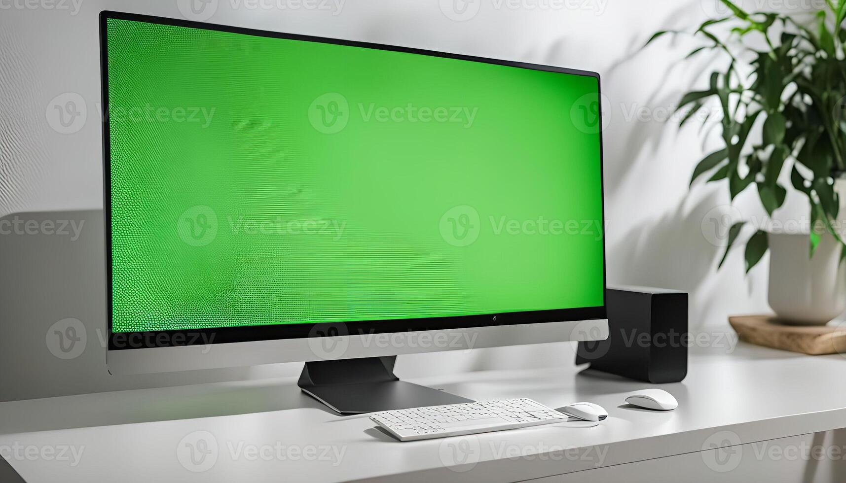 Desktop Computer with Green Screen and Accessories on a White Desk photo