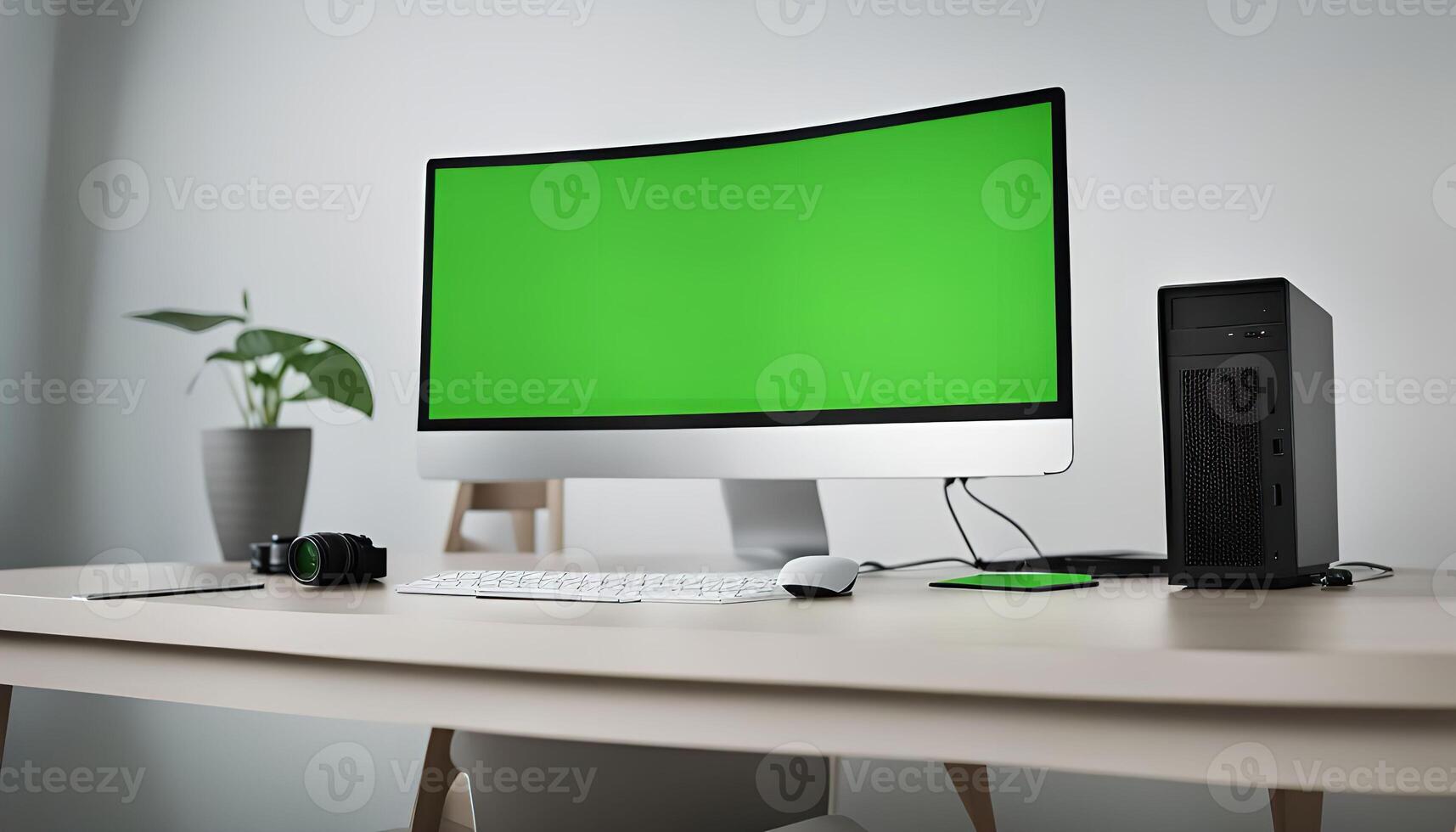 Desktop Computer with Green Screen on Desk photo