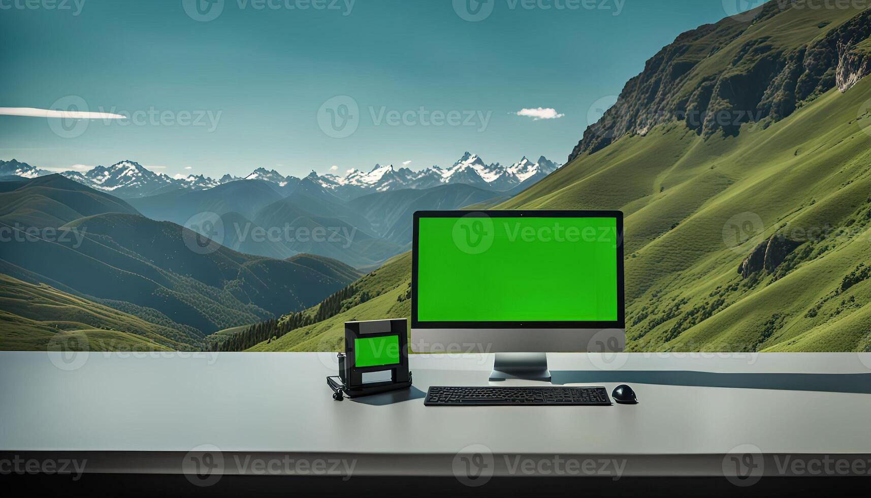 Desktop with Green Screen Displaying Breathtaking Mountain View photo