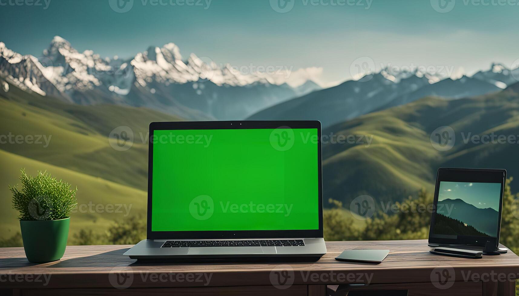 Laptop with Green Screen in Front of Mountains photo