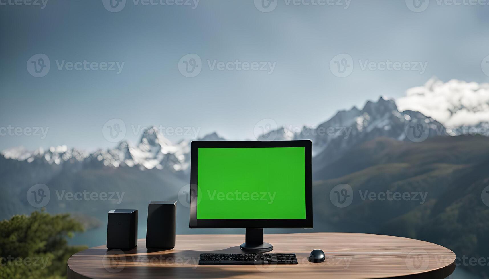 Computer with Green Screen Facing Stunning Mountain View photo