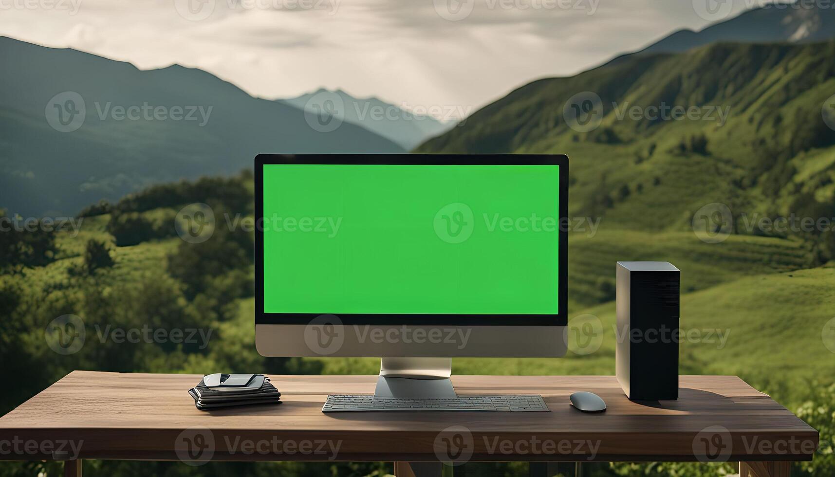 Computer on a Desk with a Mountain View photo