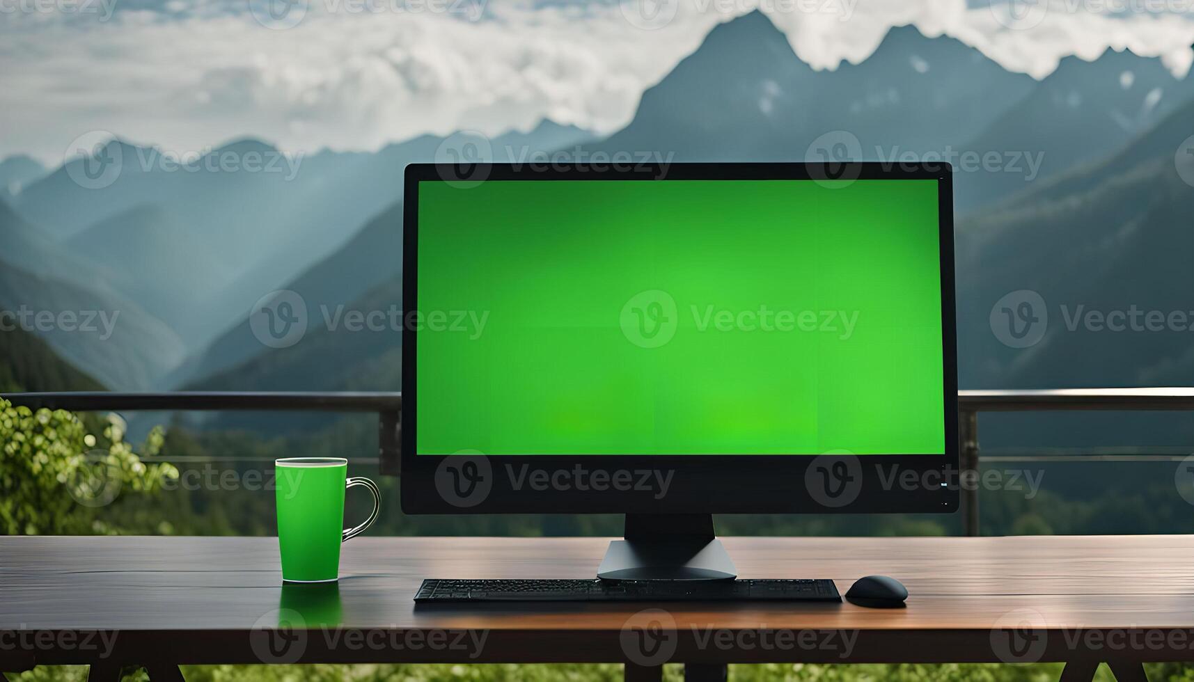 Computer with Green Screen on a Mountain Balcony photo